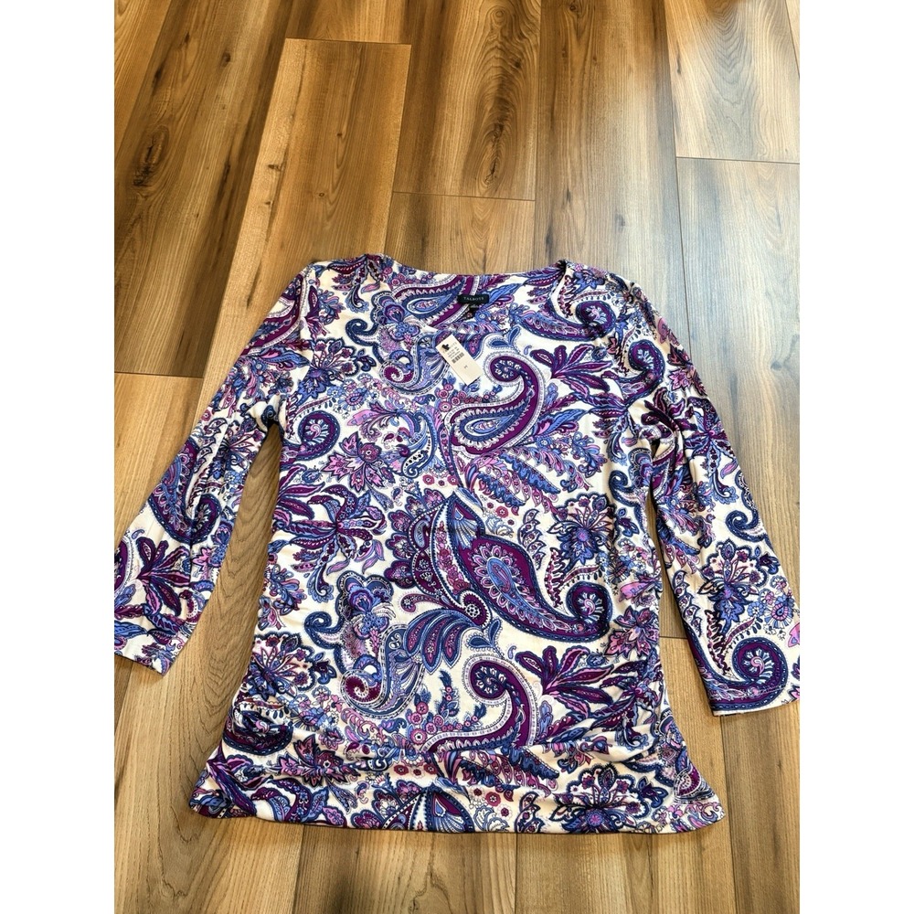 Talbots Women's Medium Purple Paisley Shirt Ruching Soft 3/4 Sleeve Blouse NWT
